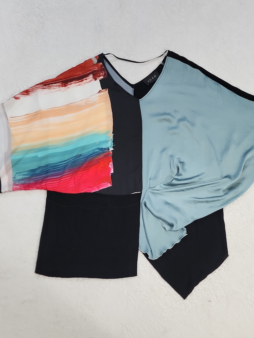 Ozai N Ku Color Blocked Asymmetrical Drapey Oversized Poncho Blouse